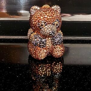 Vintage Judith Leiber Swarovski Crystal Teddy Bear Pillbox Ring Box Brown Gold